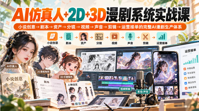 【无水印】AI仿真人+2D+3D漫剧系统实战课，小说创意→剧本→资产→分镜→视频→声音→剪辑→运营接单的完整AI漫剧生产体系-宣源知识学堂