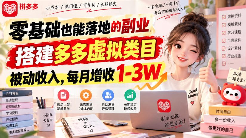 零基础也能落地的副业，搭建多多虚拟类目被动收入，每月增收1-3W【揭秘】-宣源知识学堂