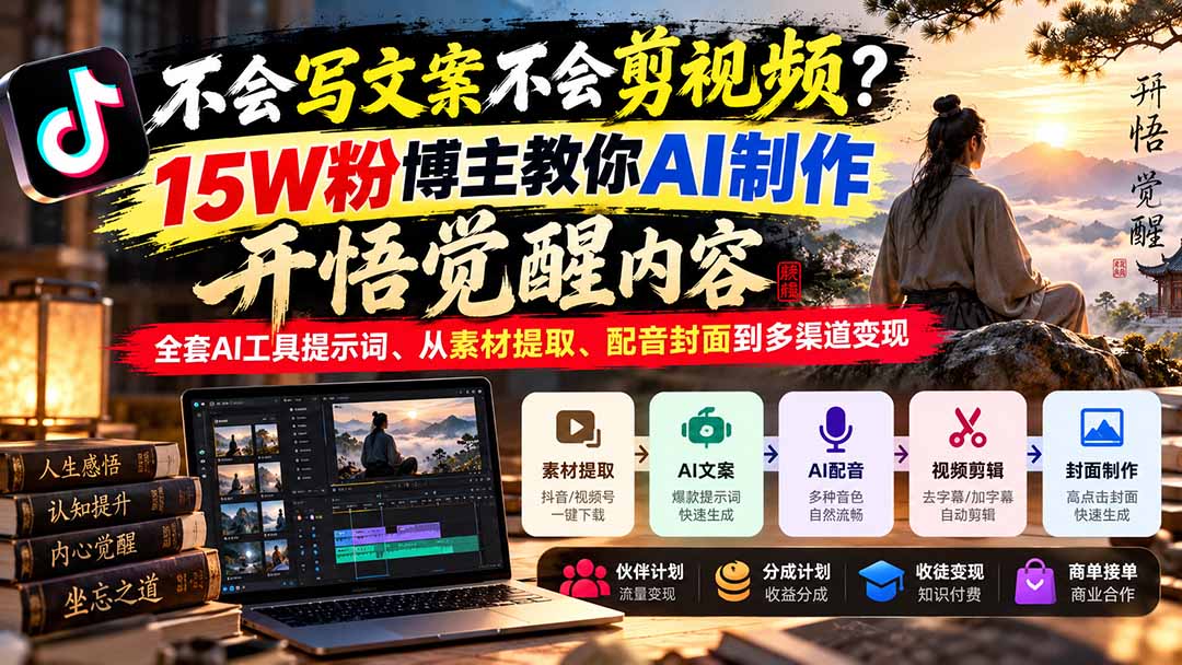 不会写文案不会剪视频？15W粉博主教你AI制作开悟觉醒内容，全套AI工具提示词、从素材提取、配音封面到多渠道变现-宣源知识学堂
