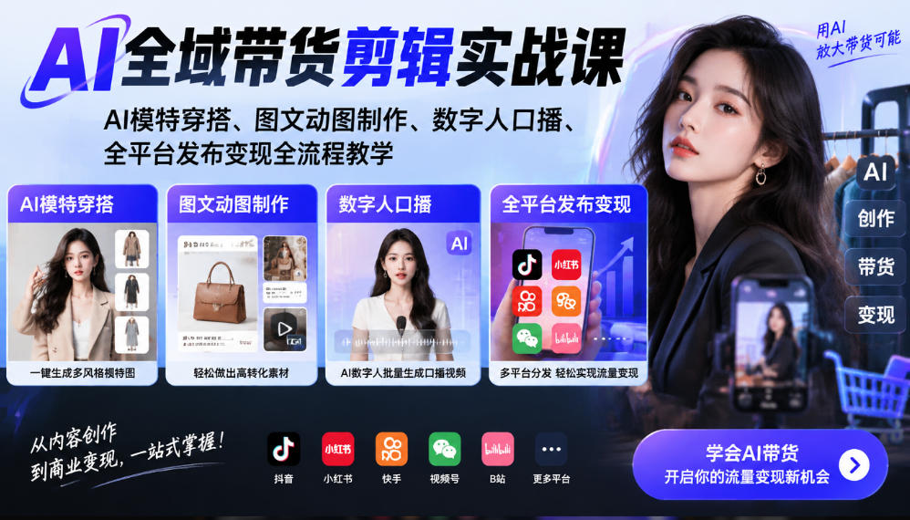 AI全域带货剪辑实战课｜AI模特穿搭、图文动图制作、数字人口播、全平台发布变现全流程教学-宣源知识学堂