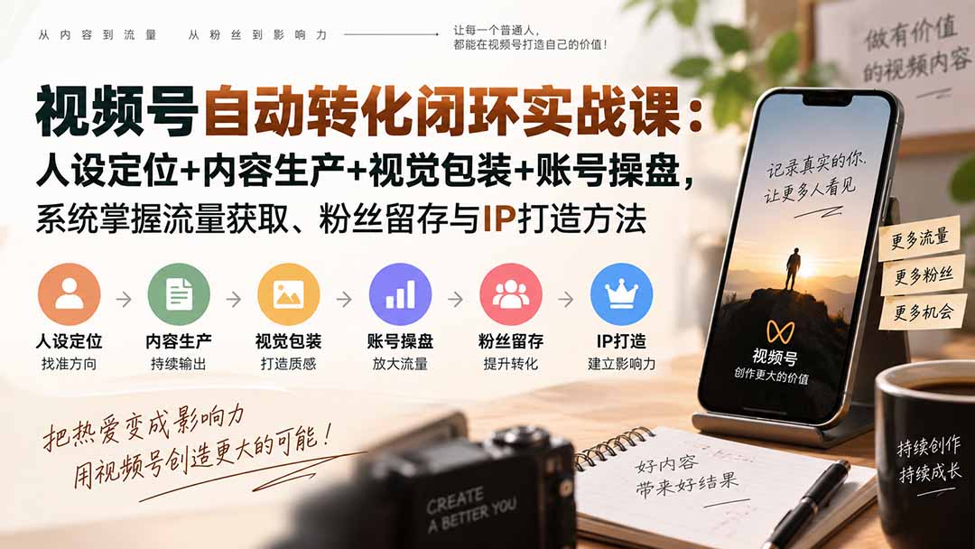 视频号自动转化闭环实战课：人设定位+内容生产+视觉包装+账号操盘，系统掌握流量获取、粉丝留存与IP打造方法-宣源知识学堂