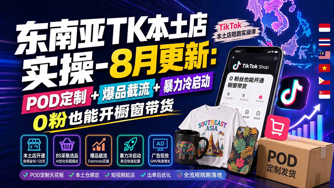 东南亚TK本土店实操-8月更新：POD定制+爆品截流+暴力冷启动，0粉也能开橱窗带货-宣源知识学堂