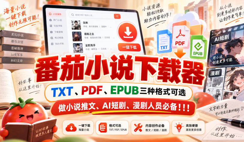 番茄小说下载器，TXT、PDF、EPUB三种格式可选，做小说推文、AI短剧、漫剧人员必备！！！-宣源知识学堂