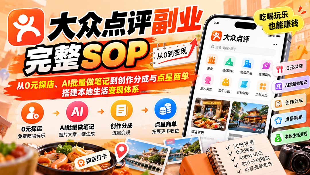 【无水印】大众点评副业完整SOP：从0元探店、AI批量做笔记到创作分成与点星商单，搭建本地生活变现体系-宣源知识学堂
