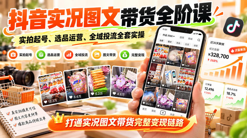 抖音实况图文带货全阶课｜实拍起号、选品运营、全域投流全套实操，打通实况图文带货完整变现链路-宣源知识学堂