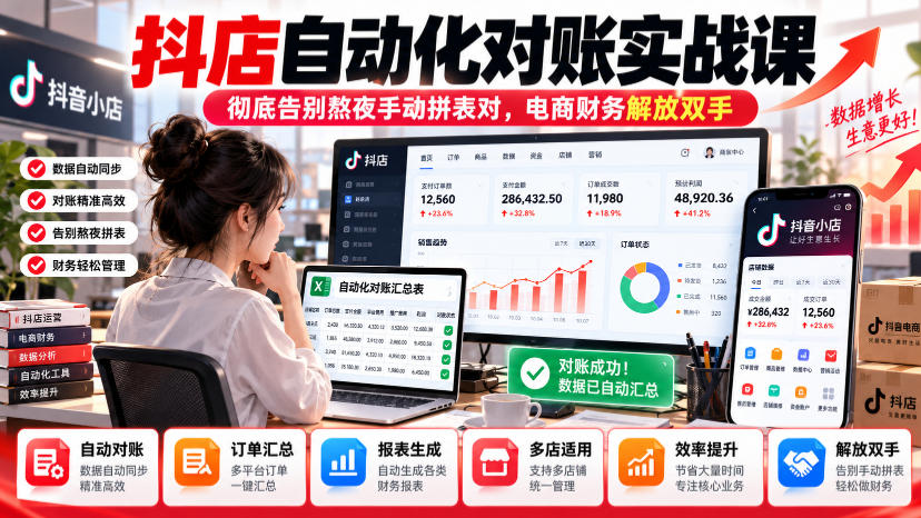 抖店自动化对账实战课，彻底告别熬夜手动拼表对，账电商财务解放双手-宣源知识学堂