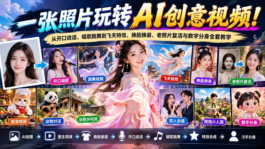一张照片玩转AI创意视频！从开口说话、唱歌跳舞到飞天特效、换脸换装、老照片复活与数字分身全套教学-宣源知识学堂