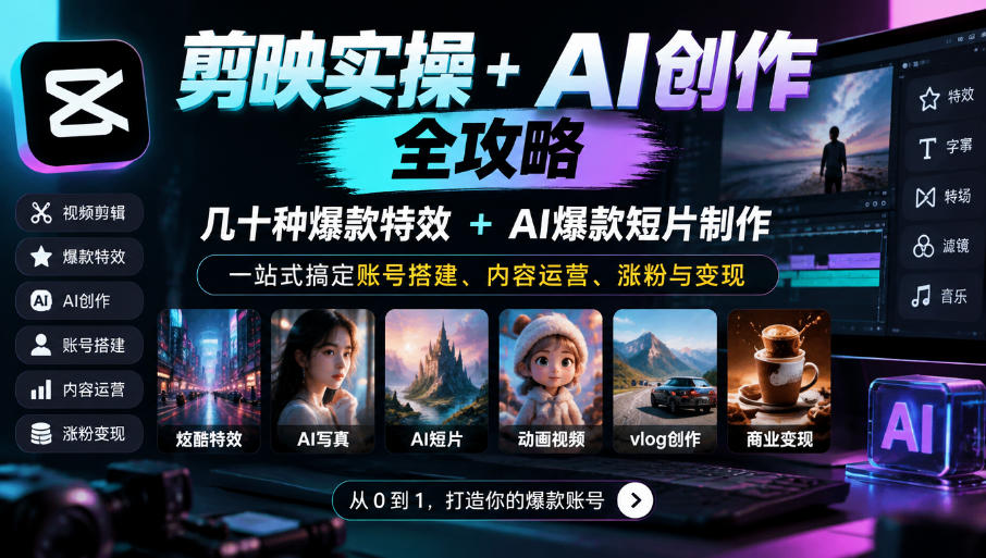 剪映实操+AI创作全攻略｜几十种爆款特效+AI爆款短片制作，一站式搞定账号搭建、内容运营、涨粉与变现-宣源知识学堂