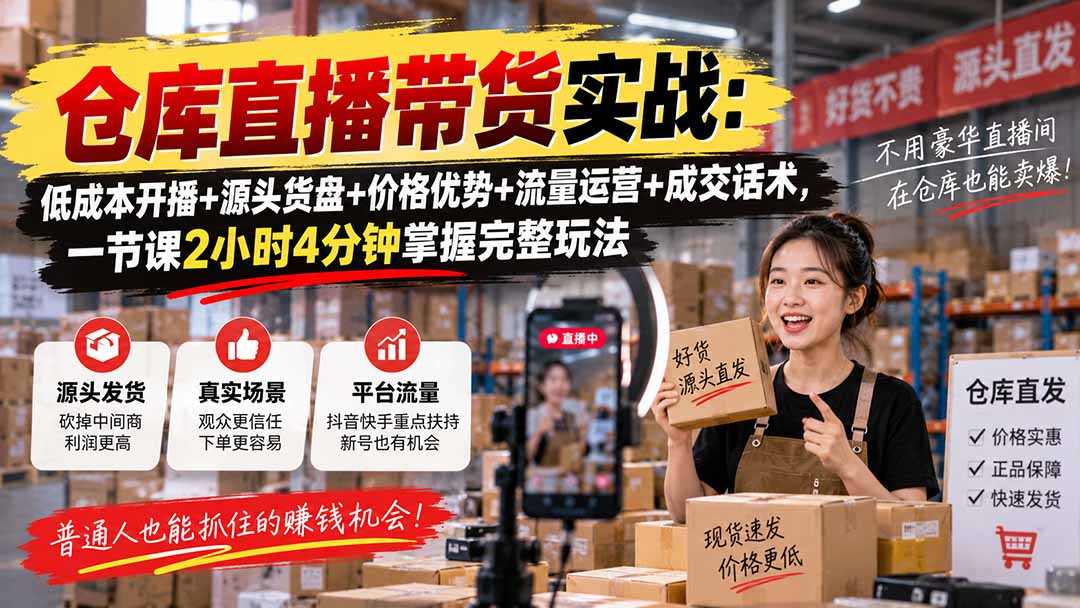 仓库直播带货实战:低成本开播+源头货盘+价格优势+流量运营+成交话术,一节课2小时4分钟掌握完整玩法-宣源知识学堂