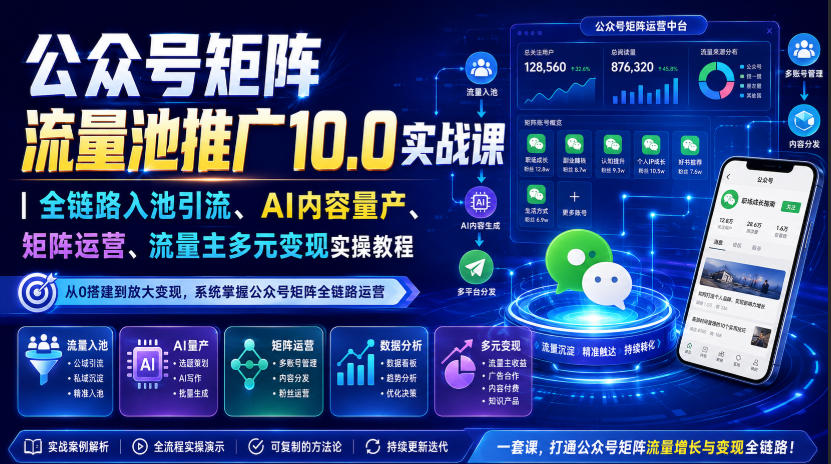 公众号矩阵流量池推广10.0实战课｜全链路入池引流、AI内容量产、矩阵运营、流量主多元变现实操教程-宣源知识学堂