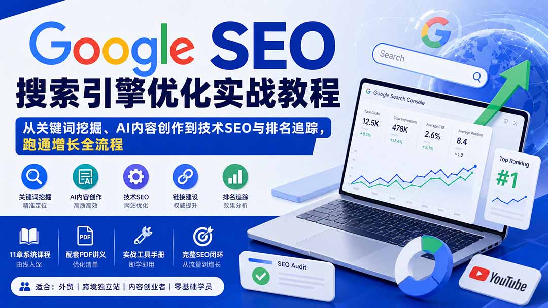 Google SEO搜索引擎优化实战教程：从关键词挖掘、AI内容创作到技术SEO与排名追踪，跑通增长全流程-宣源知识学堂