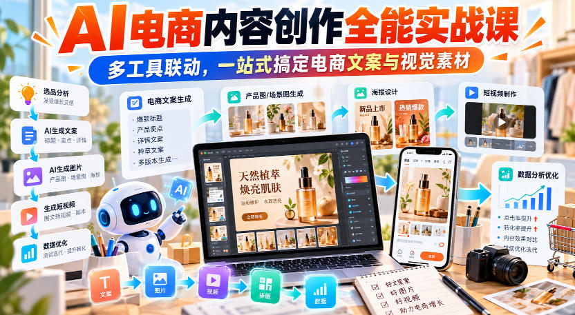 【无水印】AI电商内容创作全能实战课｜多工具联动，一站式搞定电商文案与视觉素材-宣源知识学堂