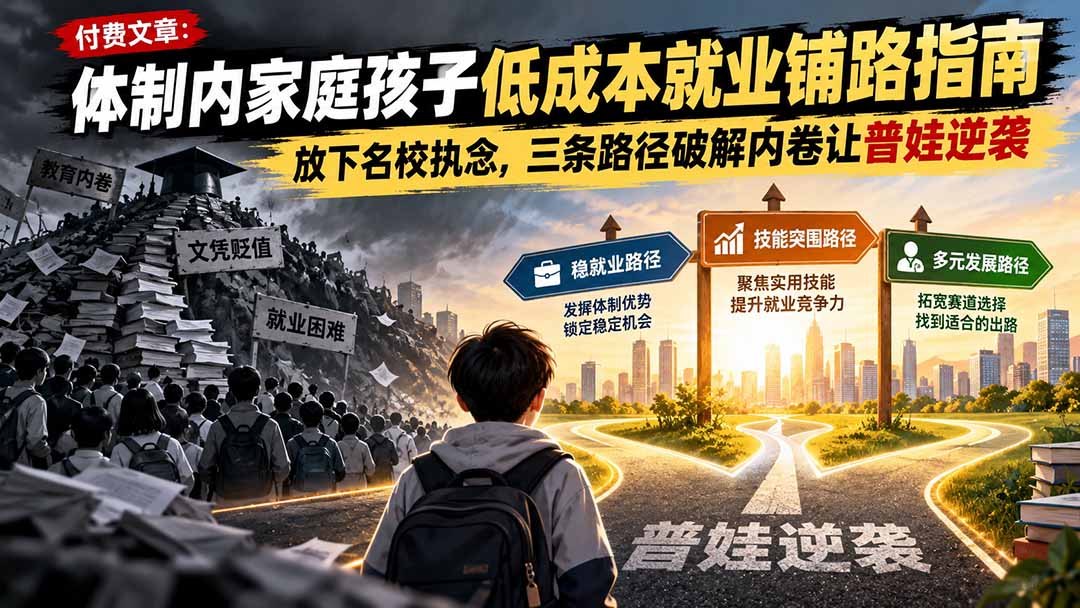 付费文章:体制内家庭孩子低成本就业铺路指南,放下名校执念,三条路径破解内卷让普娃逆袭-宣源知识学堂
