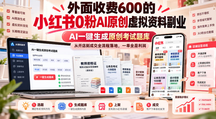 外面收费600的小红书0粉AI原创虚拟资料副业，AI一键生成原创考试题库，从开店到成交全流程落地，一单全是利润-宣源知识学堂