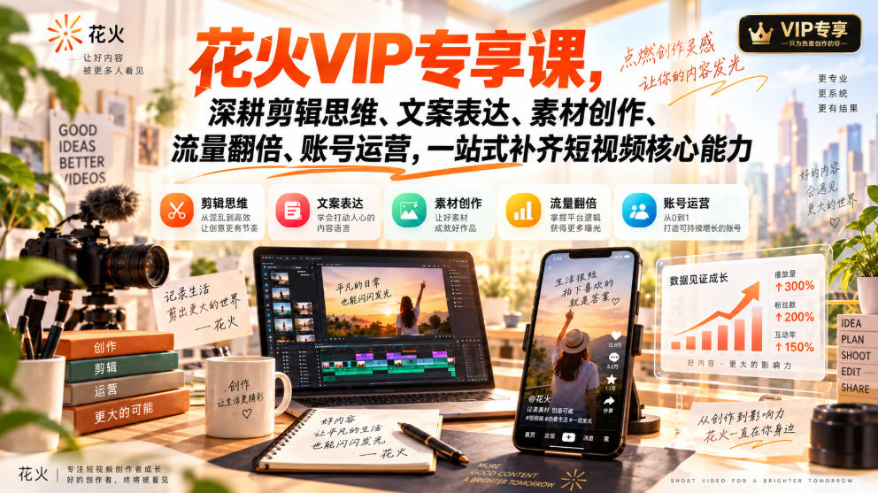 花火VIP专享课，深耕剪辑思维、文案表达、素材创作、流量翻倍、账号运营，一站式补齐短视频核心能力-宣源知识学堂
