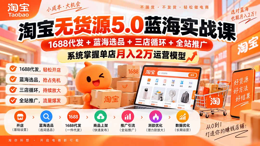 淘宝无货源5.0蓝海实战课-更新:1688代发+蓝海选品+三店循环+全站推广,系统掌握单店月入2万运营模型-宣源知识学堂