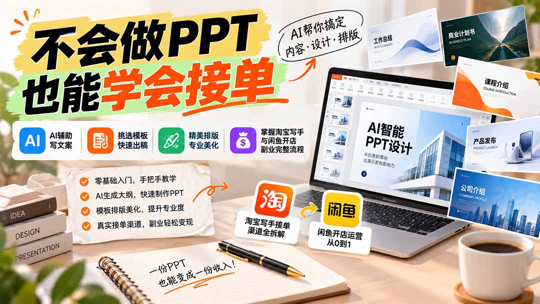 不会做PPT也能学会接单：AI辅助写文案、挑模板、做排版，掌握淘宝写手与闲鱼开店副业完整流程-宣源知识学堂