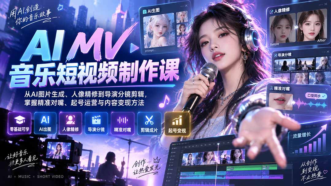 AI MV音乐短视频制作课:从AI图片生成、人像精修到导演分镜剪辑,掌握精准对嘴、起号运营与内容变现方法-宣源知识学堂