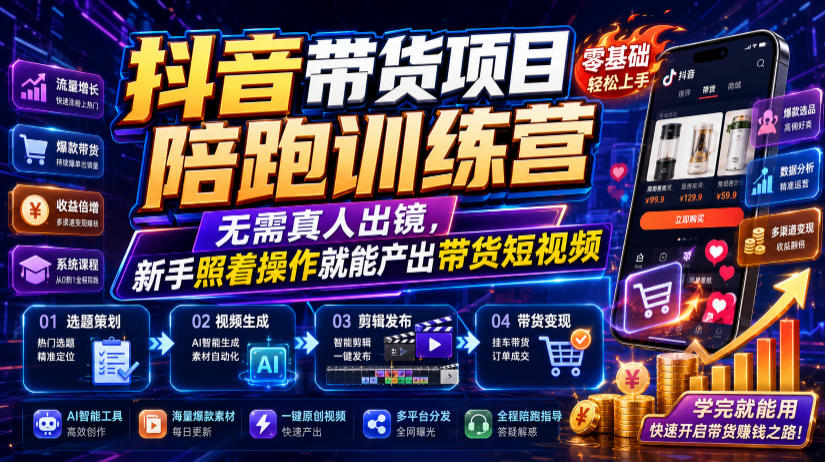 抖音带货项目陪跑训练营,无需真人出镜,新手照着操作就能产出带货短视频(更新0811)-宣源知识学堂