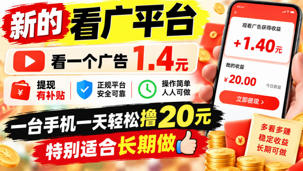 一个新的看广平台，看一个广告1.4元，提现有补贴,一台手机一天轻松撸20+，特别适合长期做【揭秘】-宣源知识学堂