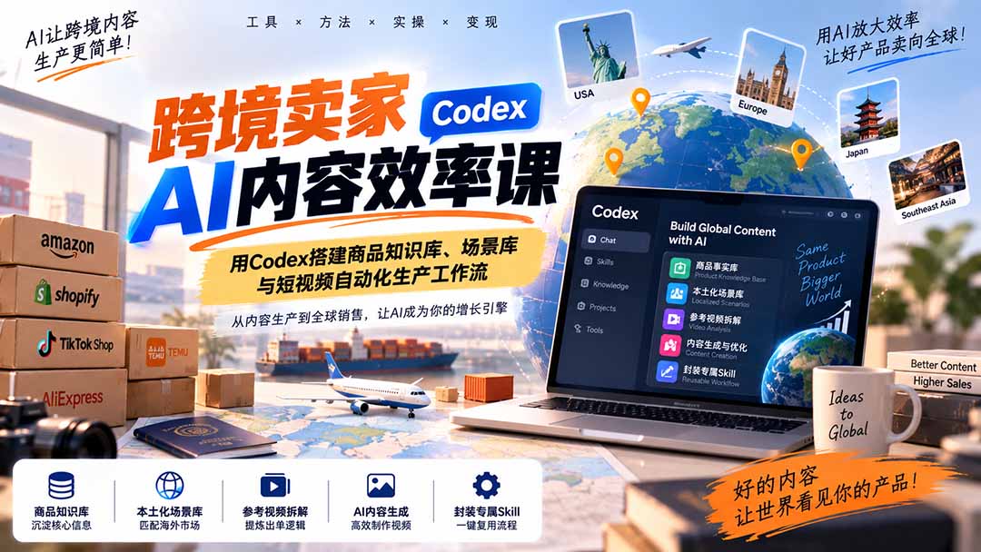 跨境卖家AI内容效率课:用Codex搭建商品知识库、场景库与短视频自动化生产工作流-宣源知识学堂
