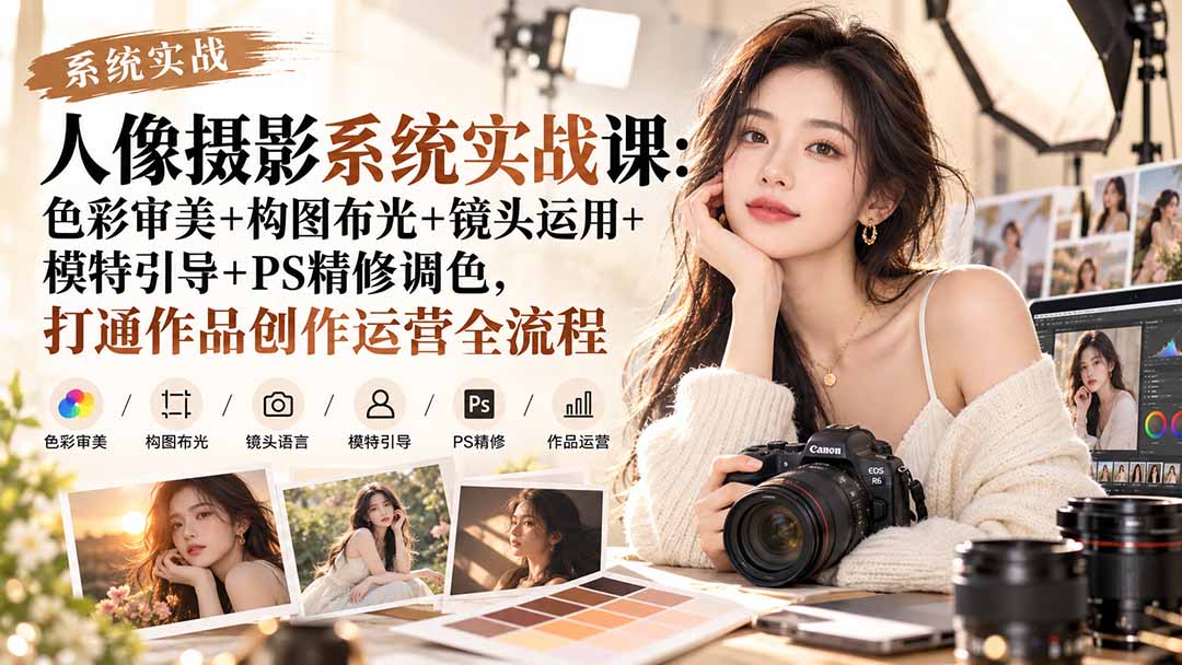 【无水印】人像摄影系统实战课：色彩审美+构图布光+镜头运用+模特引导+PS精修调色，打通作品创作运营全流程-宣源知识学堂
