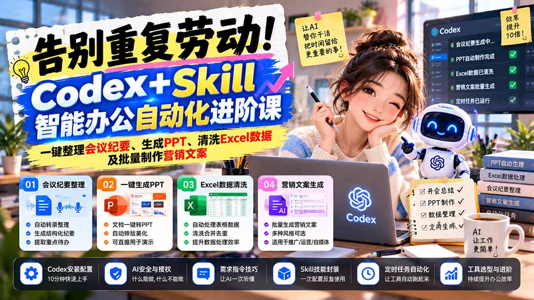 告别重复劳动！Codex+Skill智能办公自动化进阶课：一键整理会议纪要、生成PPT、清洗Excel数据及批量制作营销文案-宣源知识学堂