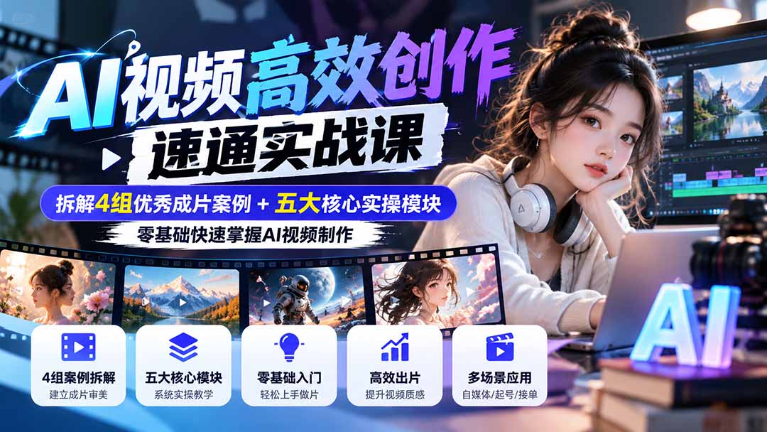 【无水印】AI视频高效创作速通实战课：拆解4组优秀成片案例+五大核心实操模块，零基础快速掌握AI视频制作-宣源知识学堂