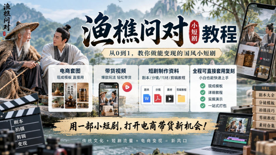 渔樵问对小短剧教程，包含电商套图、带货视频，短剧制作资料，全程可直接套用复刻-宣源知识学堂
