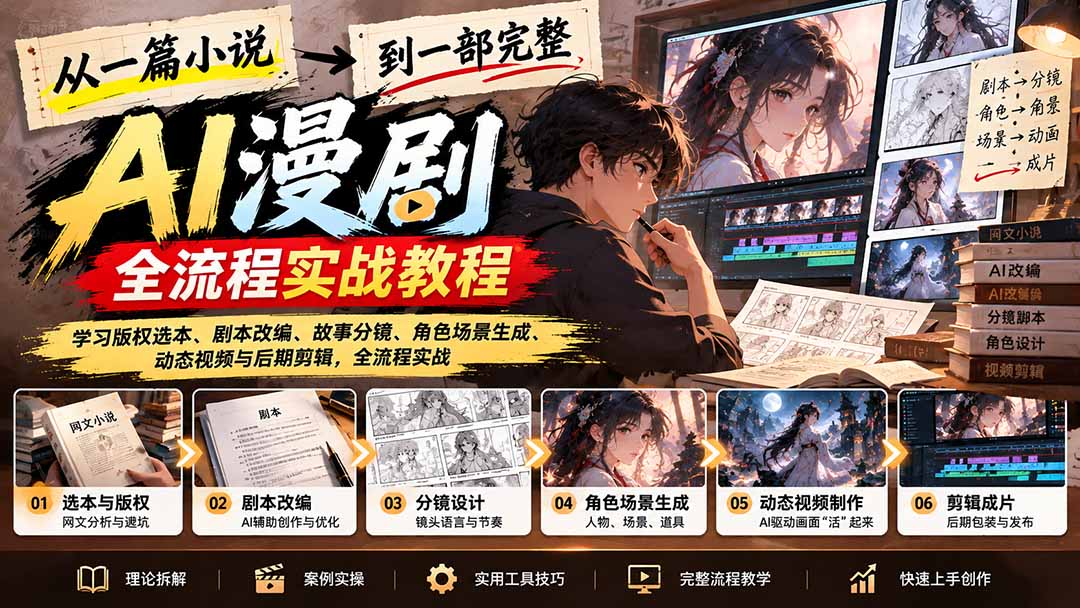 从一篇小说到一部完整AI漫剧：学习版权选本、剧本改编、故事分镜、角色场景生成、动态视频与后期剪辑-宣源知识学堂