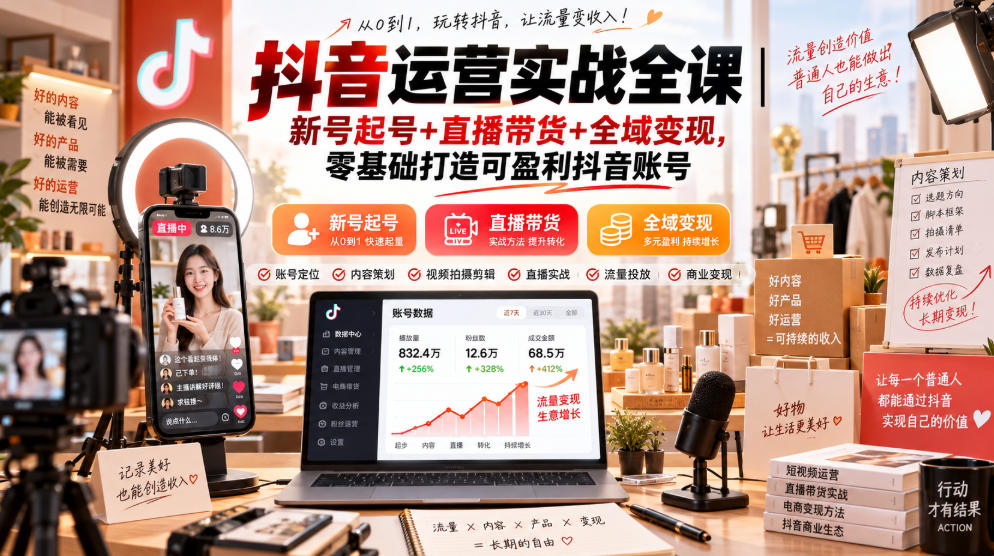 抖音运营实战全课｜新号起号+直播带货+全域变现，零基础打造可盈利抖音账号-宣源知识学堂
