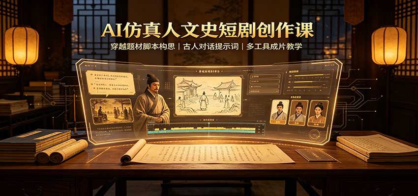 AI仿真人文史短剧创作课:穿越题材脚本构思,古人对话提示词,多工具成片教学-宣源知识学堂