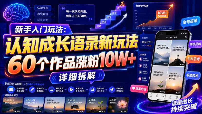 新手入门玩法:认知成长语录新玩法,60个作品涨粉10W+,详细拆解-宣源知识学堂