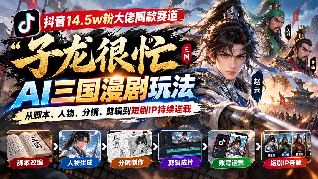 抖音14.5w粉大佬同款赛道「子龙很忙」AI三国漫剧玩法：从脚本、人物、分镜、剪辑到短剧IP持续连载-宣源知识学堂