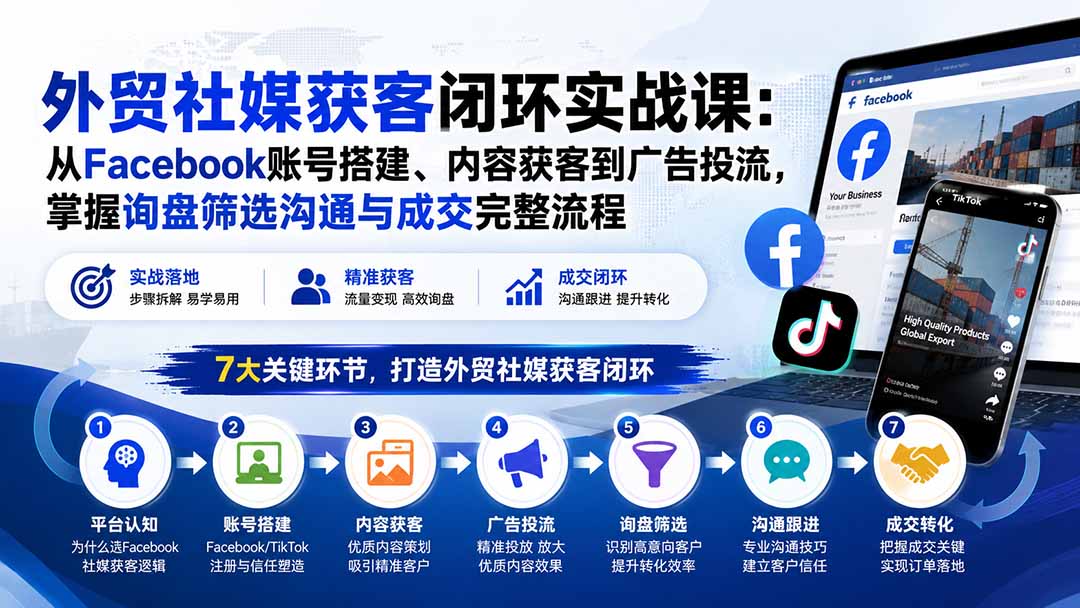 外贸社媒获客闭环实战课：从Facebook账号搭建、内容获客到广告投流，掌握询盘筛选沟通与成交完整流程-宣源知识学堂