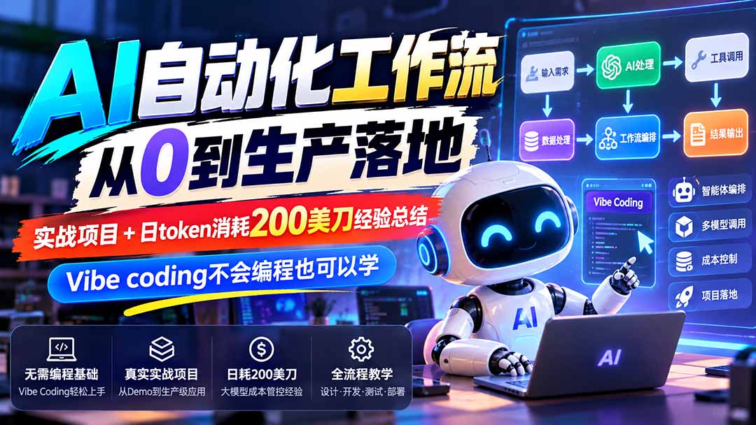 【无水印】AI自动化工作流从0到生产落地，实战项目+日token消耗200美刀经验总结，Vibe coding不会编程也可以学-宣源知识学堂