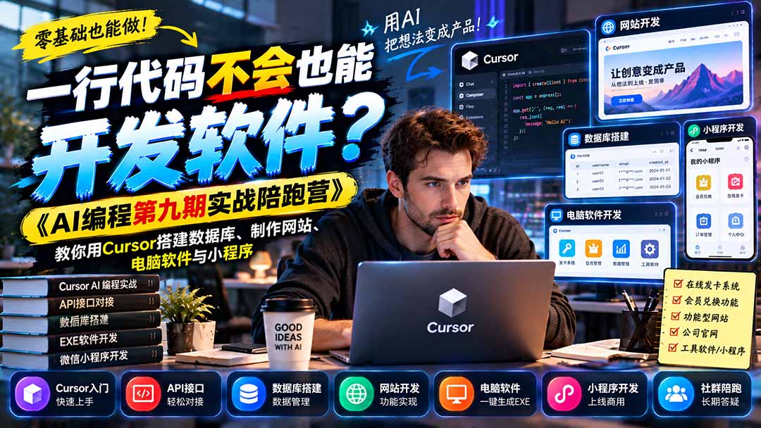 一行代码不会也能开发软件？《AI编程第九期实战陪跑营》教你用Cursor搭建数据库、制作网站、电脑软件与小程序-宣源知识学堂