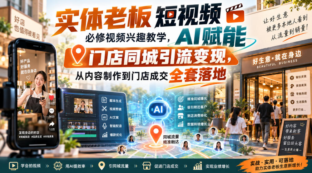 实体老板短视频必修视频兴趣教学，AI赋能门店同城引流变现，AI+短视频+直播打爆实体客流量-宣源知识学堂