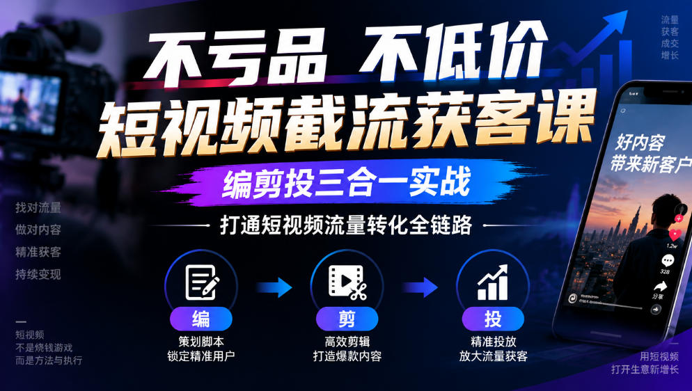不亏品不低价短视频截流获客课，编剪投三合一实战，打通短视频流量转化全链路-宣源知识学堂