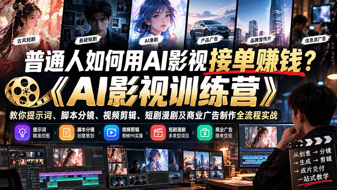 普通人如何用AI影视接单赚钱？《AI影视训练营》教你提示词、脚本分镜、视频剪辑、短剧漫剧及商业广告制作全流程实战-宣源知识学堂