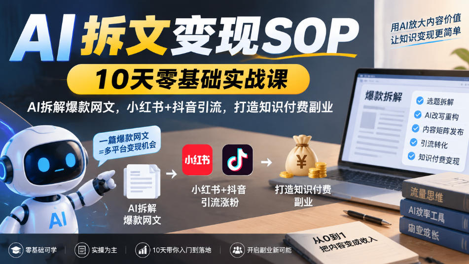 AI拆文变现SOP｜10天零基础实战课，AI拆解爆款网文，小红书+抖音引流，打造知识付费副业-宣源知识学堂