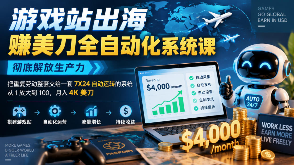 游戏站出海賺美刀全自动化系统课，彻底解放生产力–把重复劳动整套交给一套7X24自动运转的系统，从1放大到100，月入4K美刀-宣源知识学堂