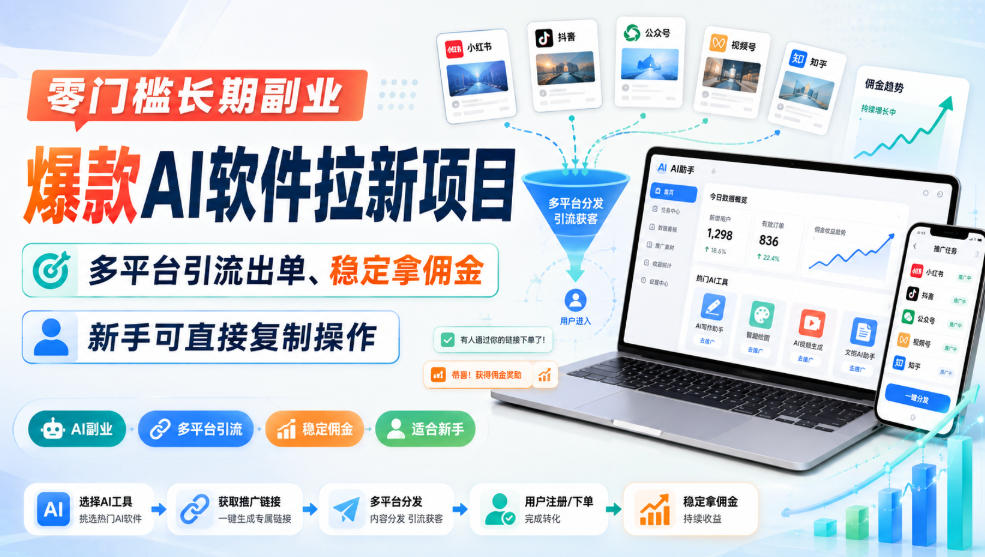 零门槛长期副业，爆款AI软件拉新项目，多平台引流出单、稳定拿佣金，新手可直接复制操作-宣源知识学堂