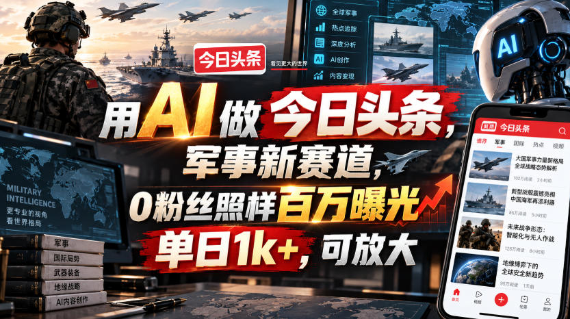 用AI做今日头条，军事新赛道，0粉丝照样百万曝光，单日1k+，可放大-宣源知识学堂