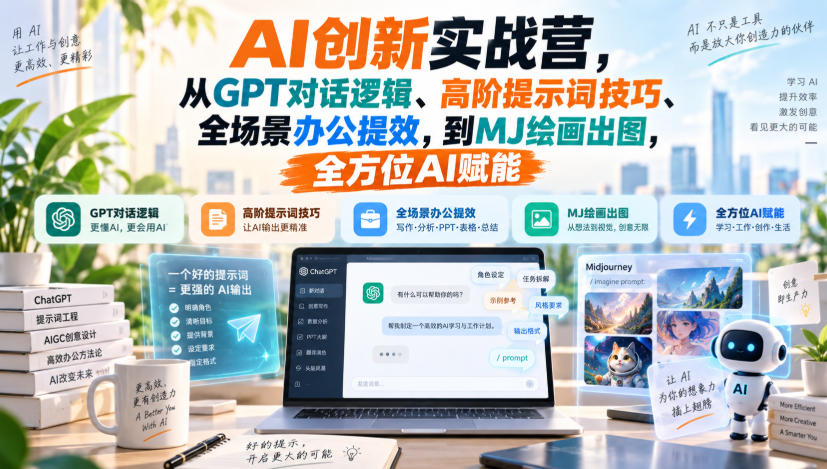 AI创新实战营，从GPT对话逻辑、高阶提示词技巧、全场景办公提效，到MJ绘画出图，全方位AI赋能-宣源知识学堂