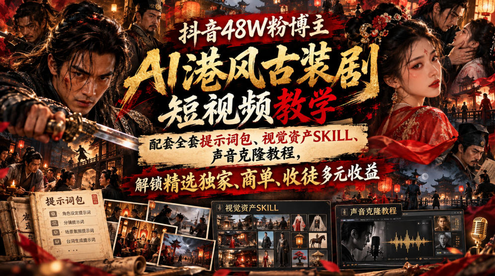 抖音48W粉博主AI港风古装剧短视频教学，配套全套提示词包、视觉资产SKILL、声音克隆教程，解锁精选独家、商单、收徒多元收益-宣源知识学堂