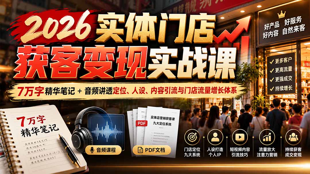 2026实体门店获客变现实战课：7万字精华笔记+音频讲透定位、人设、内容引流与门店流量增长体系-宣源知识学堂