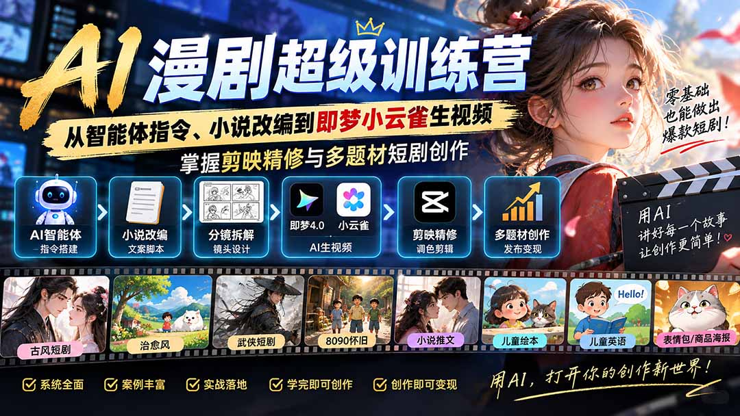 AI漫剧超级特训营：从智能体指令、小说改编到即梦小云雀生视频，掌握剪映精修与多题材短剧创作-宣源知识学堂