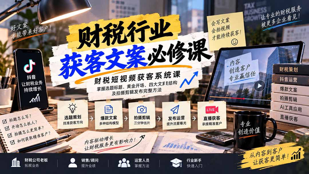 财税短视频获客系统课:掌握选题标题、黄金开场、四大文案结构及拍摄剪辑发布完整方法-宣源知识学堂