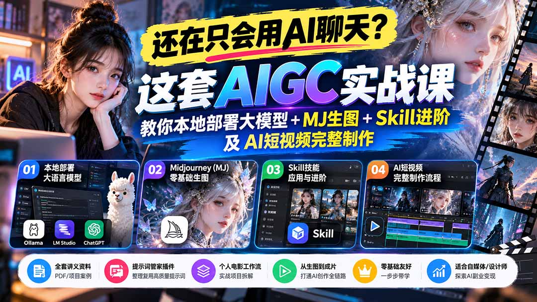 【无水印】还在只会用AI聊天？这套AIGC实战课教你本地部署大模型+MJ生图+Skill进阶及AI短视频完整制作-宣源知识学堂